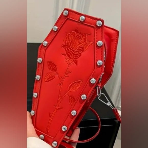 NWT Red embroidered Coffin shaped crossbody with adjustable strap - Picture 6 of 6